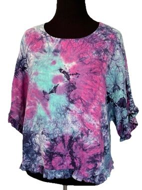 Beach Hippie Linen Blend Tie Dye Ruffled Relaxed Fit Shirt Top Loungewear